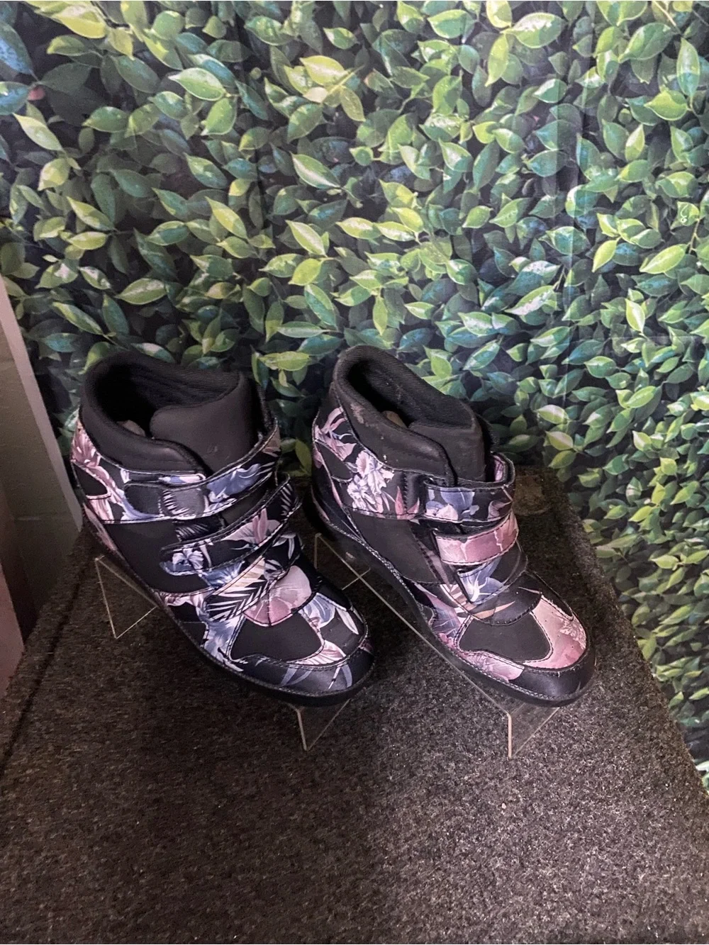 Floral High-Top Wedge Sneakers for Women - Black and Purple